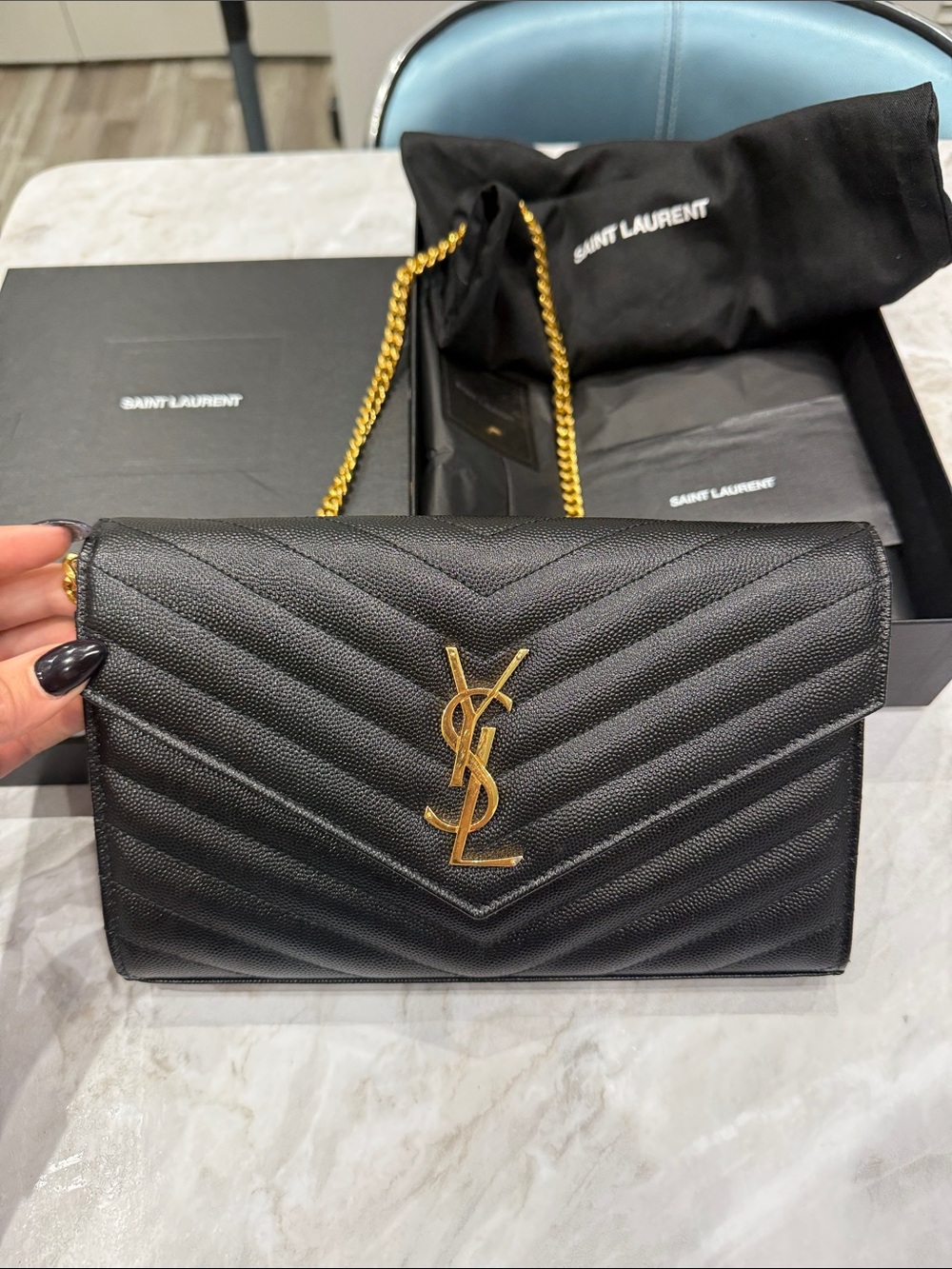 Saint Laurent Black Quilted Leather Chain Crossbody with Gold YSL Logo - Picture 8 of 8